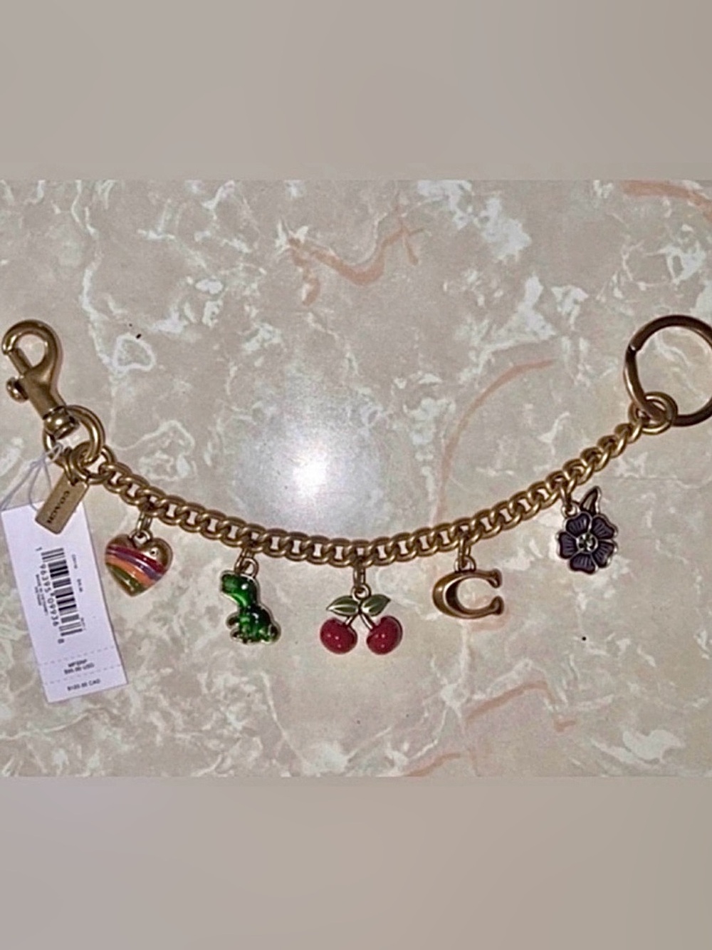 Gold Charm Strap with Colorful Enamel Charms (Cherries, Rexy, Heart, Flower, C)